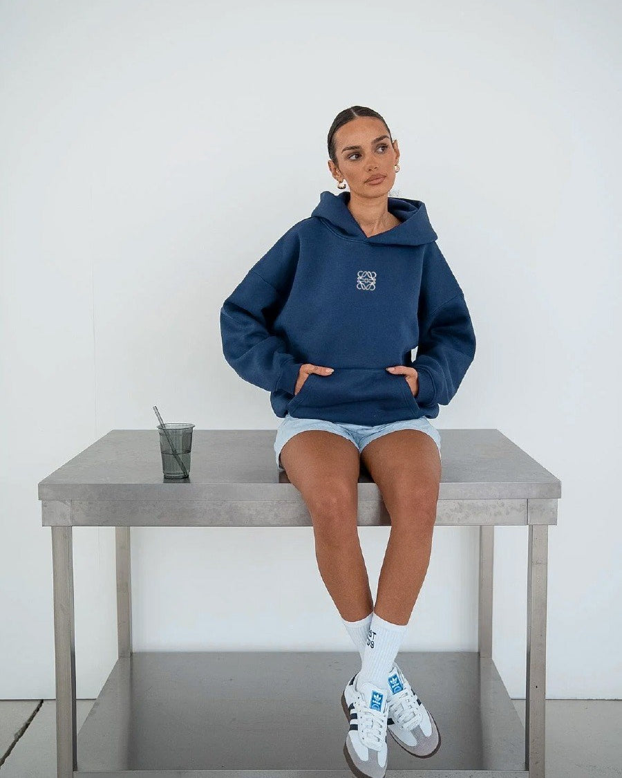 İndigo Unisex Yüksek Baskılı Kapüşonlu Kanguru Cepli Oversize Hoodie