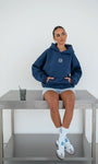 İndigo Unisex Yüksek Baskılı Kapüşonlu Kanguru Cepli Oversize Hoodie