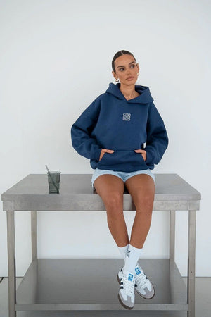 İndigo Unisex Yüksek Baskılı Kapüşonlu Kanguru Cepli Oversize Hoodie