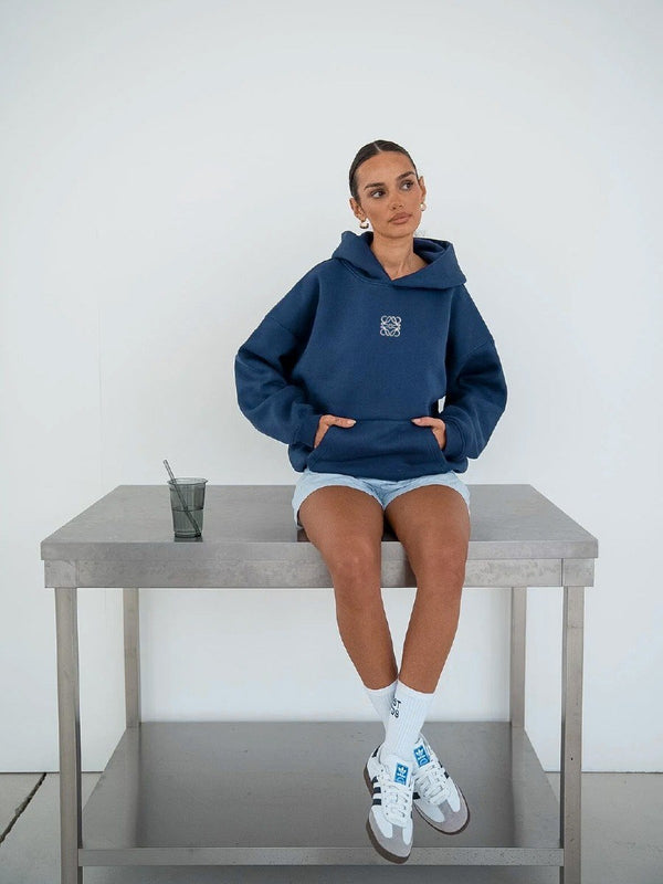 İndigo Unisex Yüksek Baskılı Kapüşonlu Kanguru Cepli Oversize Hoodie