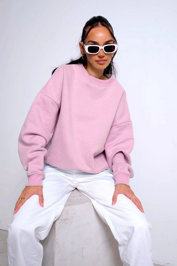 Bisiklet Yaka İçi Polar Pembe Unisex Oversize Sweatshirt