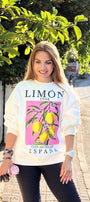 Oversize Kadın Sweatshirt Espana Limon Baskılı Beyaz – Bisiklet Yaka, 3 İplik Polar, Rahat Kalıp