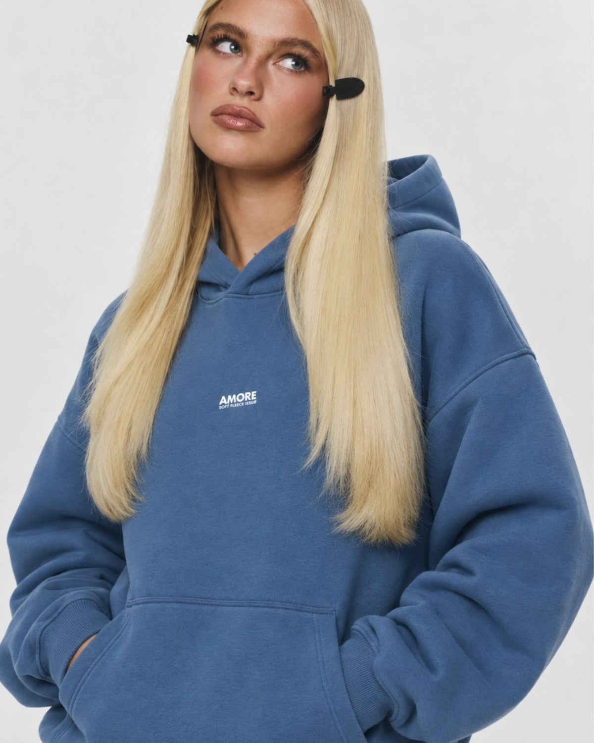 Kadın Oversize Hoodie Amore Baskılı Marine – Kapüşonlu, Kanguru Cepli, 3 İplik Şardonlu Polar