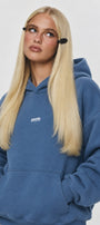 Kadın Oversize Hoodie Amore Baskılı Marine – Kapüşonlu, Kanguru Cepli, 3 İplik Şardonlu Polar