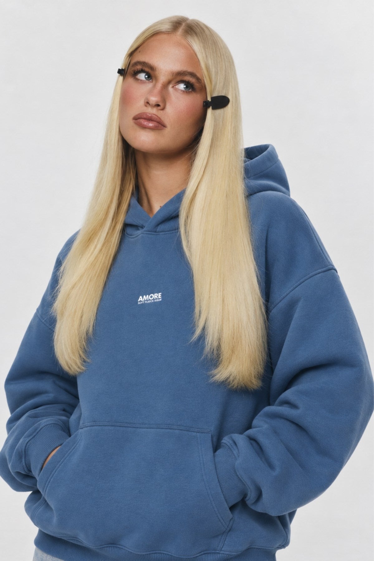 Kadın Oversize Hoodie Amore Baskılı Marine – Kapüşonlu, Kanguru Cepli, 3 İplik Şardonlu Polar