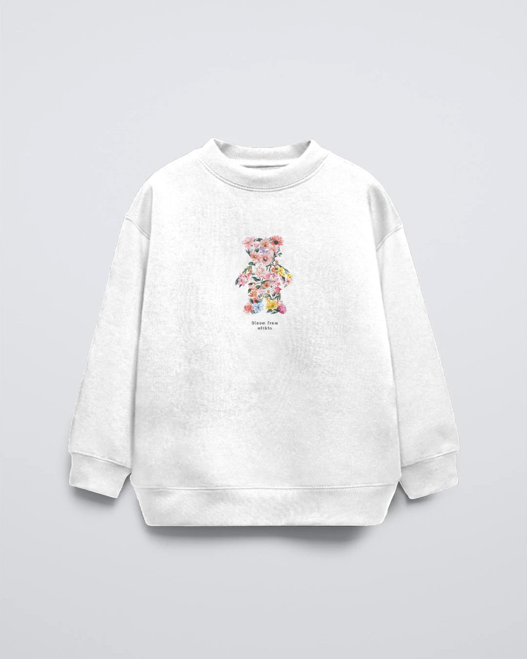 Beyaz Çocuk Çiçekli Ayıcık Baskılı Bisiklet Yaka Oversize Sweatshirt