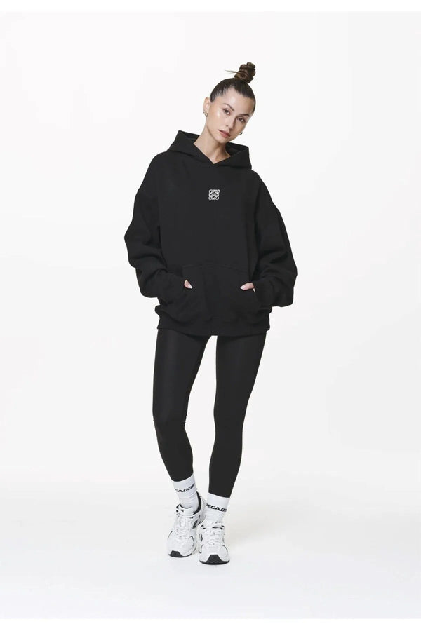 Siyah Unisex Loewe Yüksek Baskılı Kapüşonlu Kanguru Cepli Oversize Hoodie