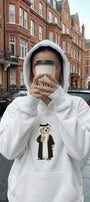 Erkek Oversize Sweatshirt Hoodie Qatari Bear Black Beyaz – Kapüşonlu, 3 İplik Polar, Kanguru Cepli