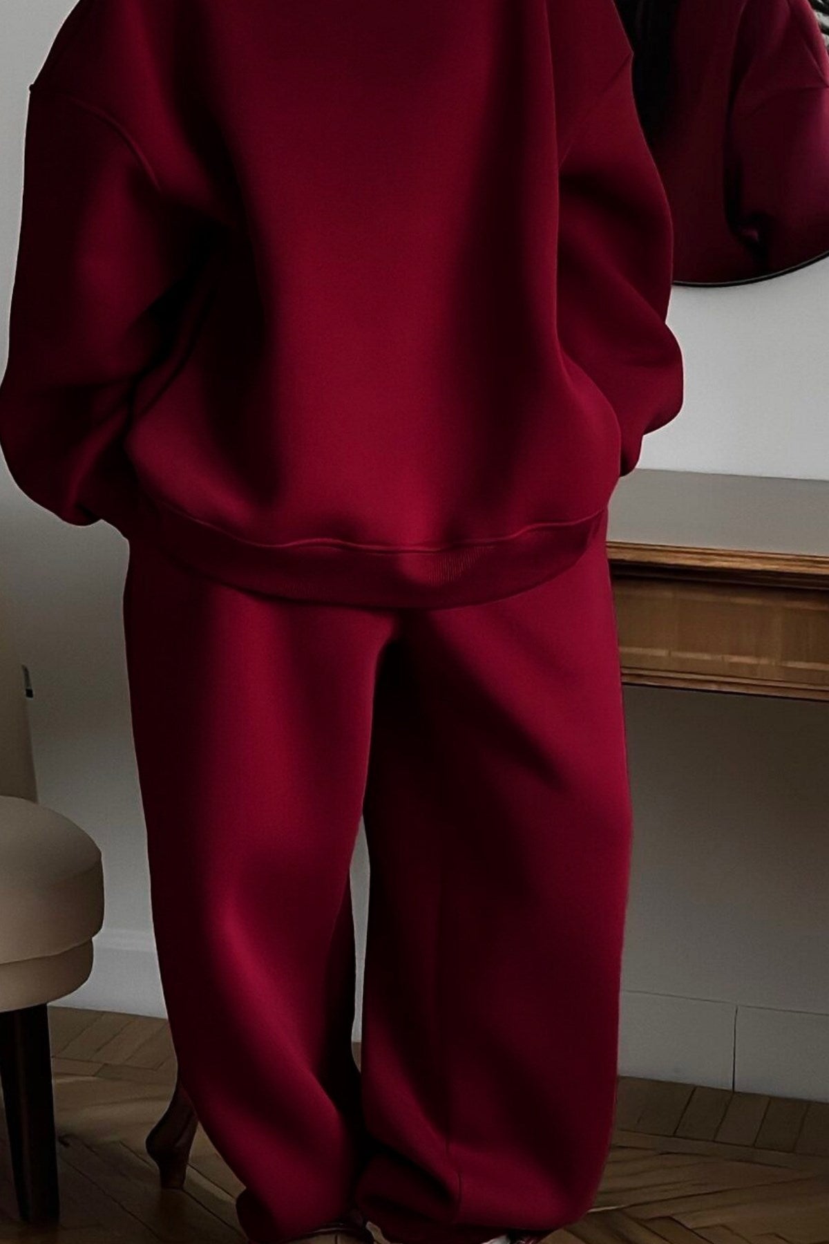 Kadın Oversize Sweat Elbise Eşofman Takımı Basic Bordo – Bisiklet Yaka, Lastikli Paça, 3 İplik Polar