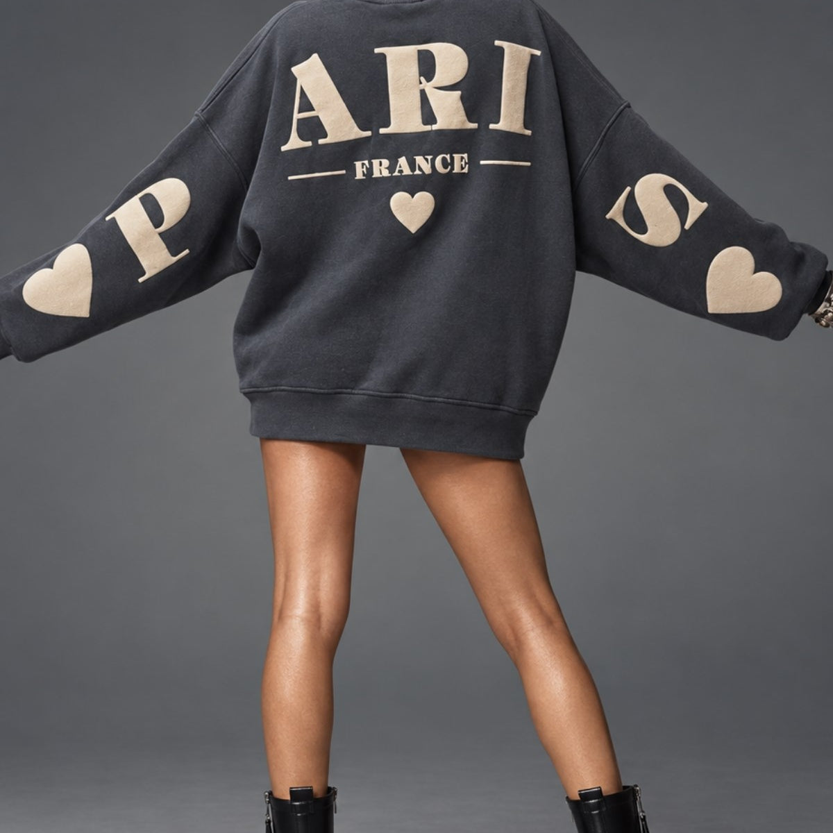 Kadın Oversize Sweatshirt Paris 3D Baskılı Füme – Bisiklet Yaka, Kol ve Sırt Baskılı, 3 İplik 