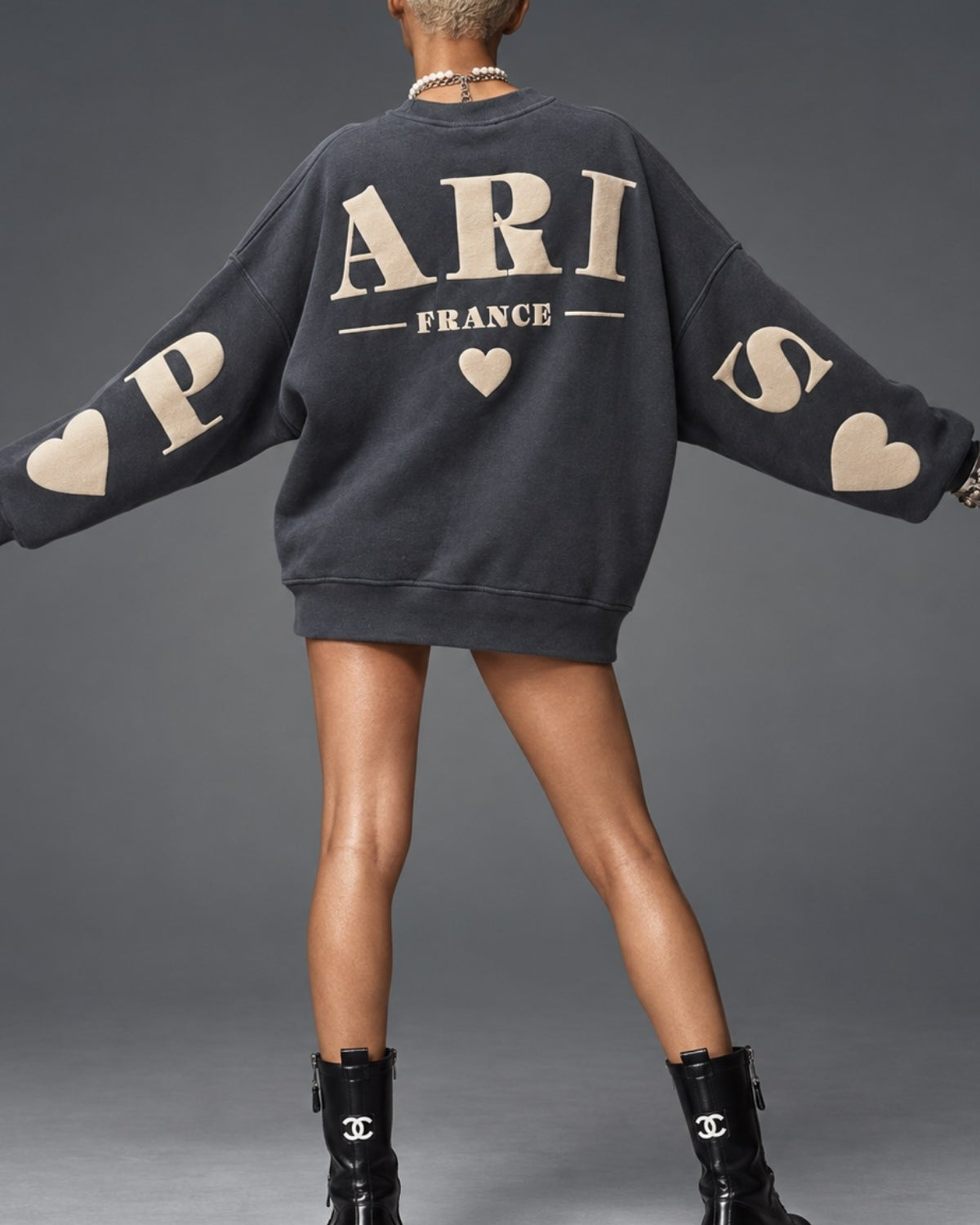 Kadın Oversize Sweatshirt Paris 3D Baskılı Füme – Bisiklet Yaka, Kol ve Sırt Baskılı, 3 İplik 