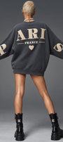 Kadın Oversize Sweatshirt Paris 3D Baskılı Füme – Bisiklet Yaka, Kol ve Sırt Baskılı, 3 İplik 