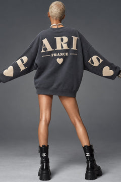 Kadın Oversize Sweatshirt Paris 3D Baskılı Füme – Bisiklet Yaka, Kol ve Sırt Baskılı, 3 İplik