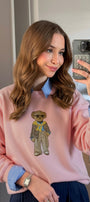 Kadın Oversize Sweatshirt Gentleman Bear Baskılı Pembe – Bisiklet Yaka, 3 İplik Şardonlu