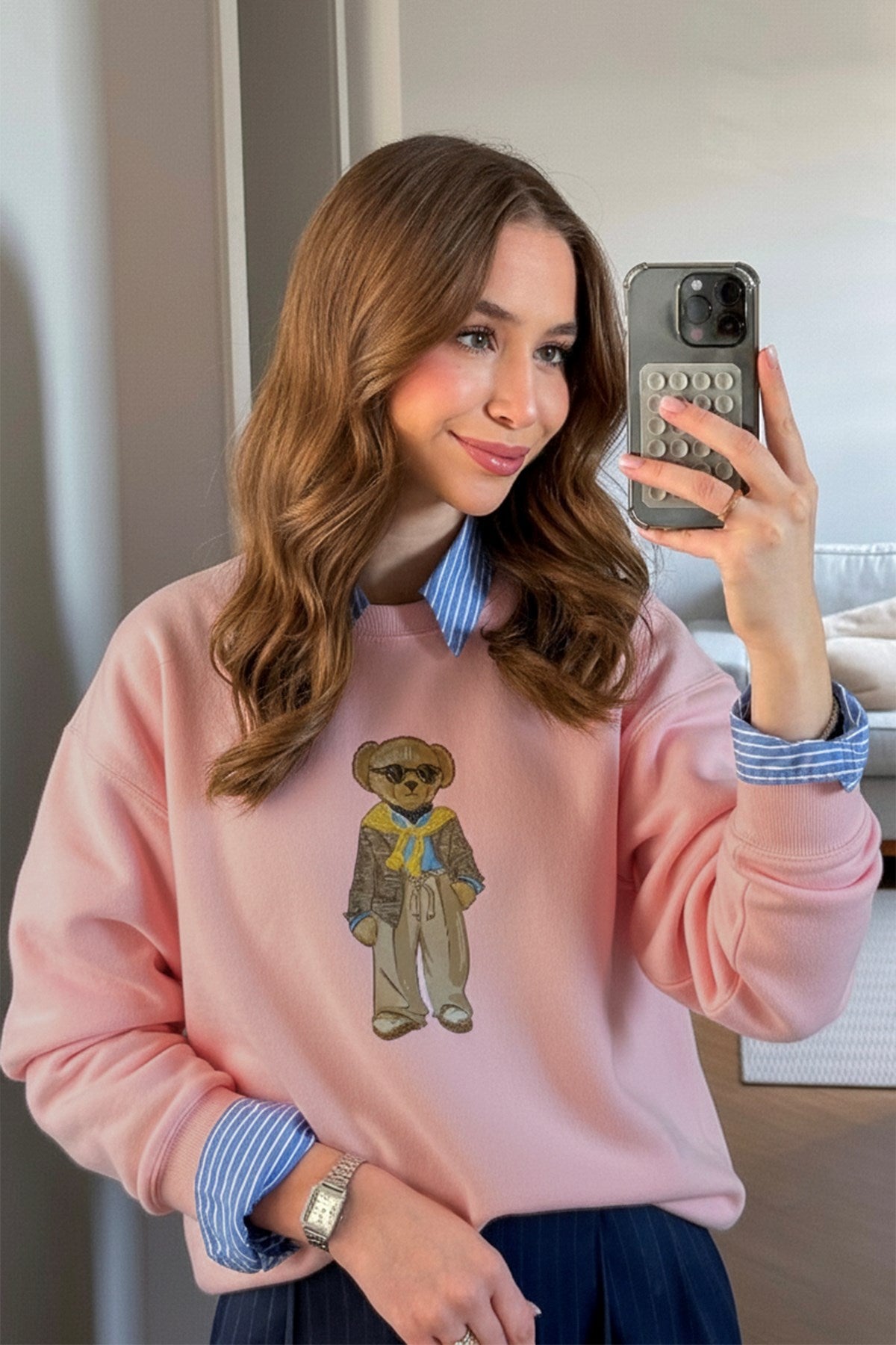 Kadın Oversize Sweatshirt Gentleman Bear Baskılı Pembe – Bisiklet Yaka, 3 İplik Şardonlu
