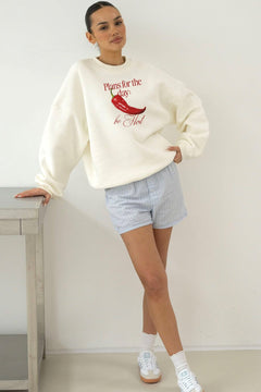 Kadın Oversize Sweatshirt Be Hot Baskılı Beyaz – Bisiklet Yaka, 3 İplik Şardonlu Polar