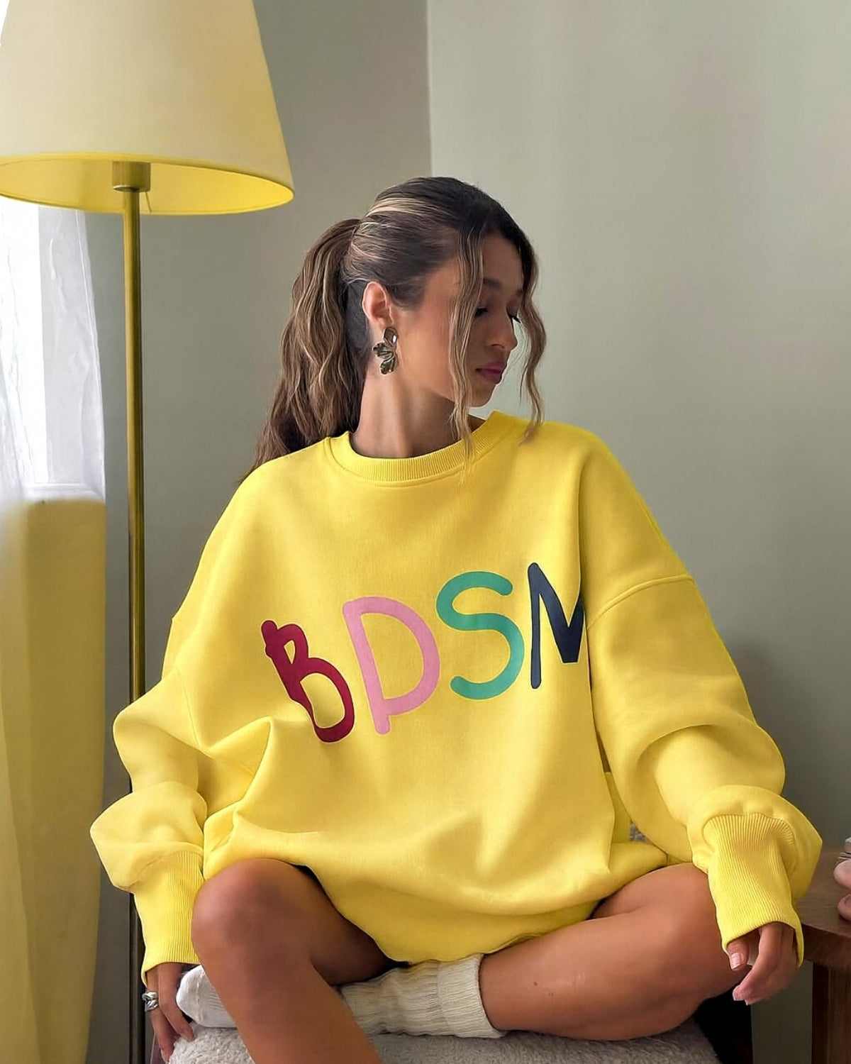 Kadın Oversize Sweatshirt Elbise Color Pop Baskılı Sarı – Bisiklet Yaka, 3 İplik Şardonlu Polar
