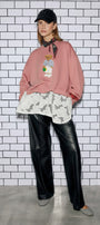 Kadın Oversize Sweatshirt City Club Bear Baskılı Pembe – Bisiklet Yaka, 3 İplik Şardonlu Polar