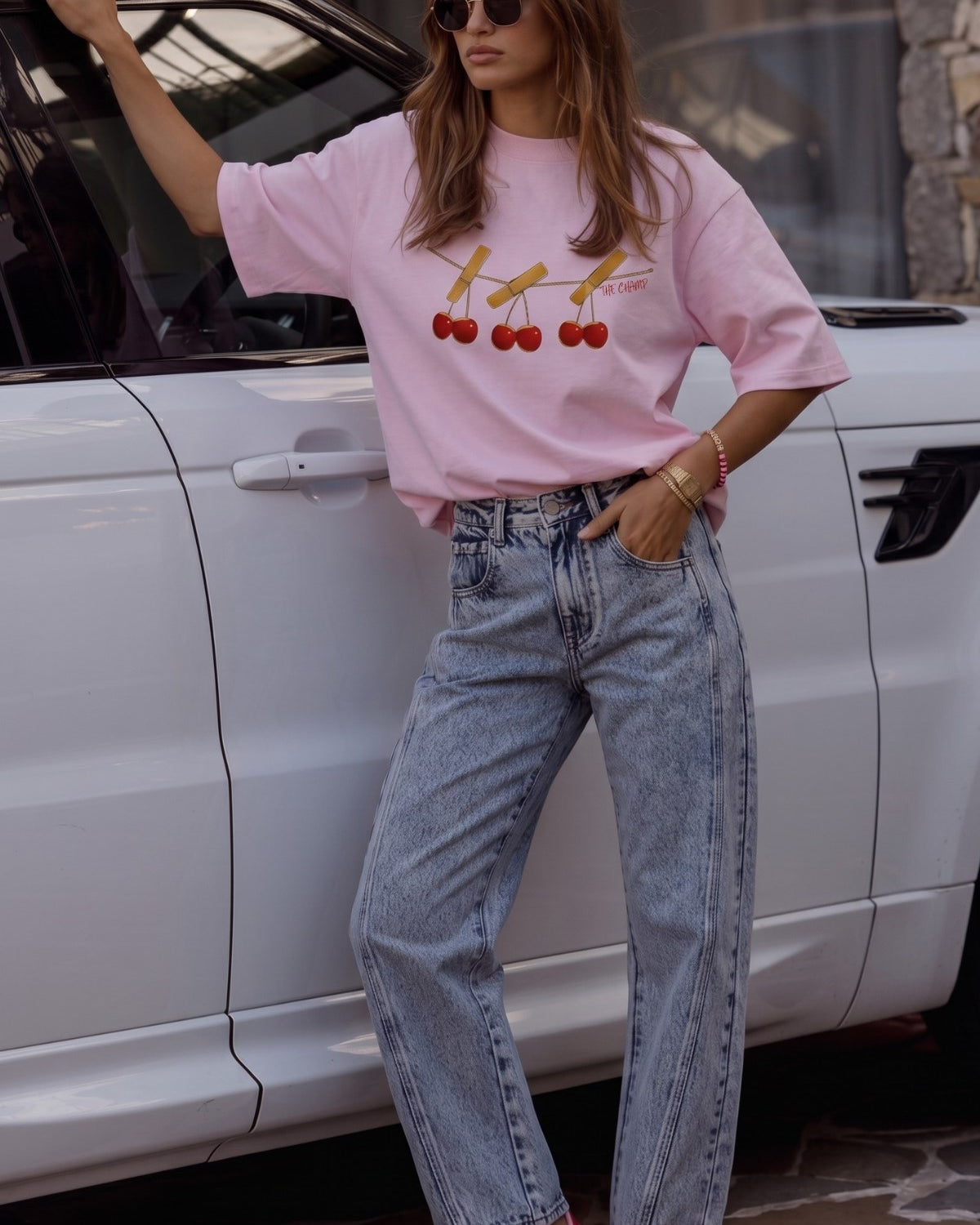 Kadın Oversize Tişört Cherry Mood Baskılı Pembe – Bisiklet Yaka, Rahat Kalıp, %100 Pamuk