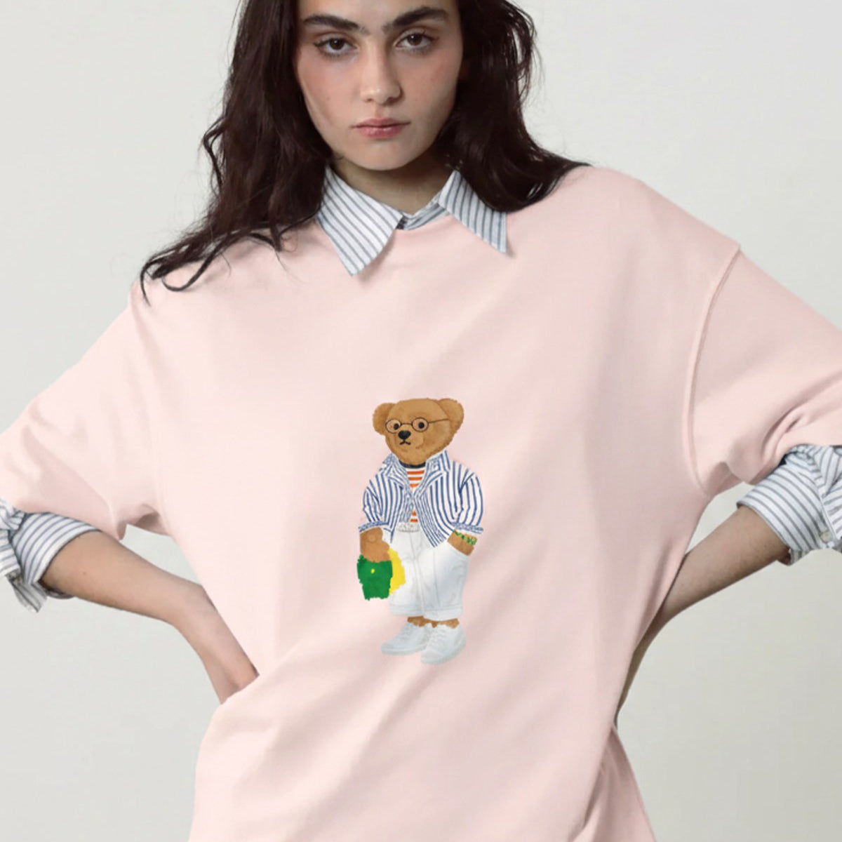 Kadın Oversize Tişört Bambino Bear Baskılı Pembe – Bisiklet Yaka, Rahat Kalıp, %100 Pamuk