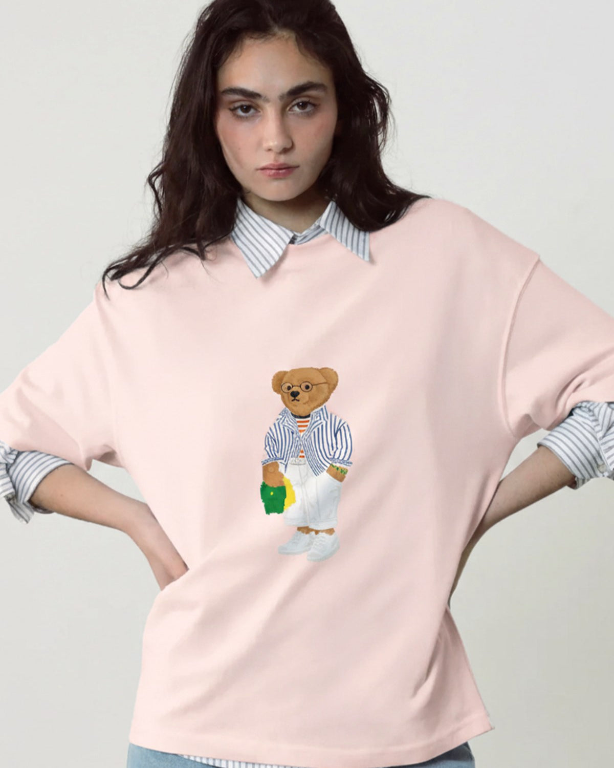 Kadın Oversize Tişört Bambino Bear Baskılı Pembe – Bisiklet Yaka, Rahat Kalıp, %100 Pamuk