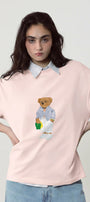Kadın Oversize Tişört Bambino Bear Baskılı Pembe – Bisiklet Yaka, Rahat Kalıp, %100 Pamuk