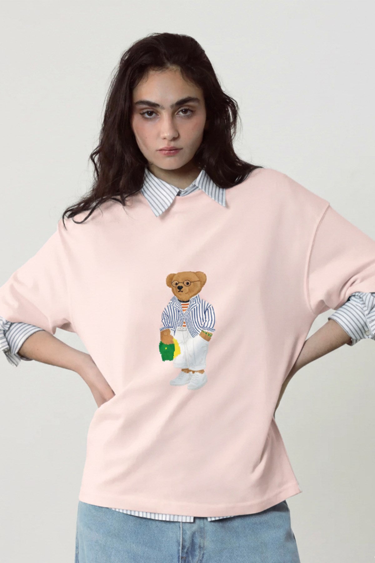 Kadın Oversize Tişört Bambino Bear Baskılı Pembe – Bisiklet Yaka, Rahat Kalıp, %100 Pamuk
