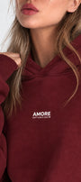 Kadın Oversize Hoodie Amore Baskılı Bordo – Kapüşonlu, Kanguru Cepli, 3 İplik Şardonlu Polar
