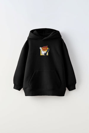 Kapüşonlu İçi Polar Satranç Cartoon  Baskılı Siyah Unisex Çocuk Hoodie Sweatshirt