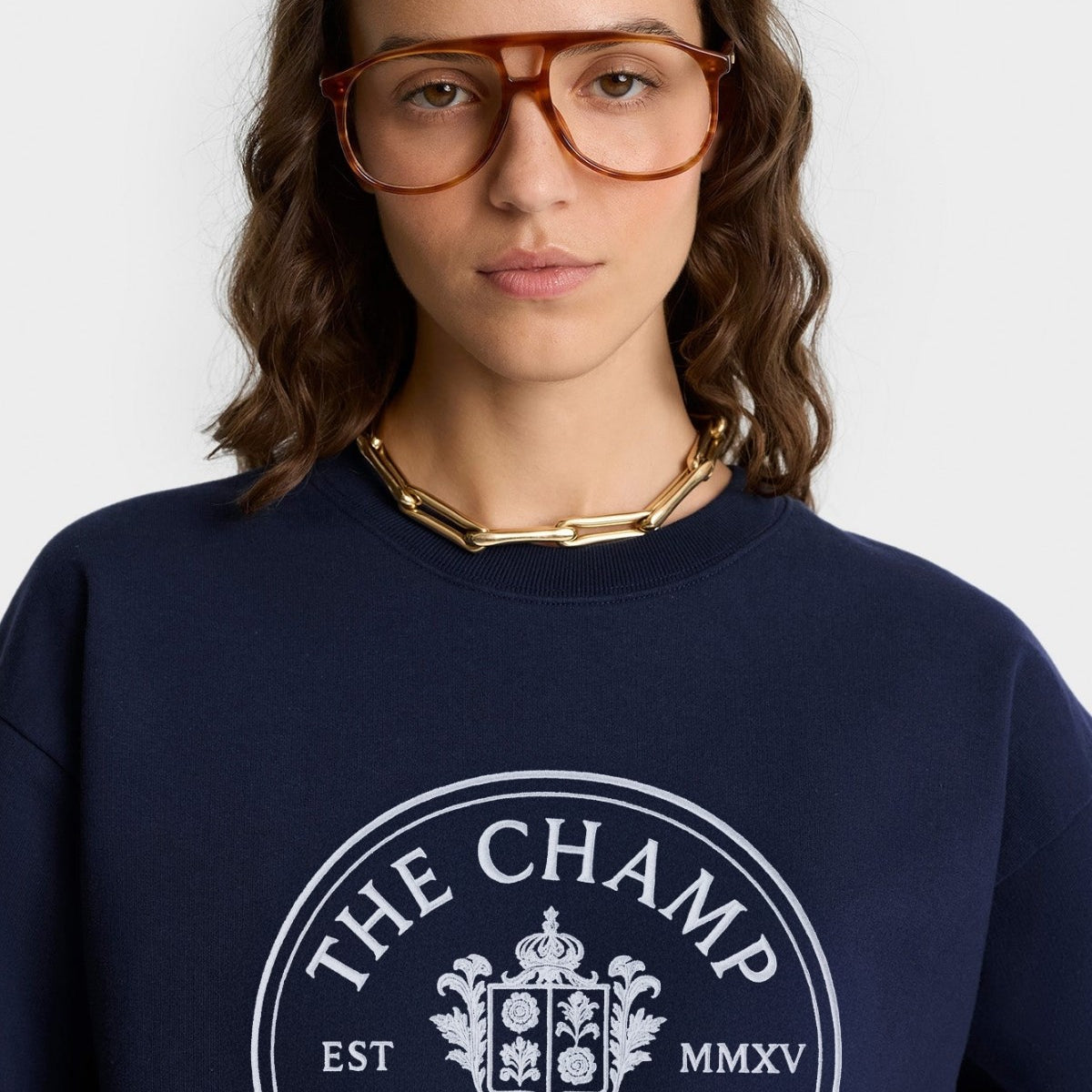 Unisex Lacivert Sweatshirt – The Champ Armalı, Bisiklet Yaka, Modern Kolej ve Şehir Stili