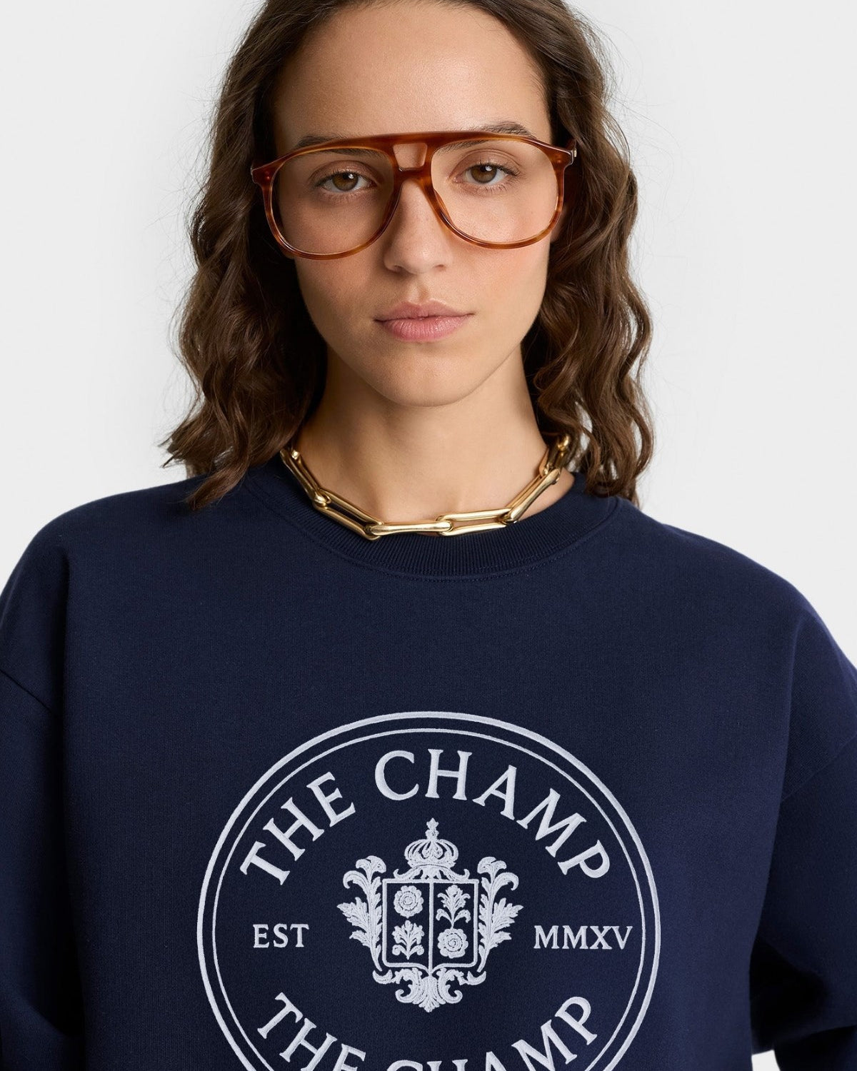 Unisex Lacivert Sweatshirt – The Champ Armalı, Bisiklet Yaka, Modern Kolej ve Şehir Stili
