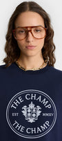 Unisex Lacivert Sweatshirt – The Champ Armalı, Bisiklet Yaka, Modern Kolej ve Şehir Stili