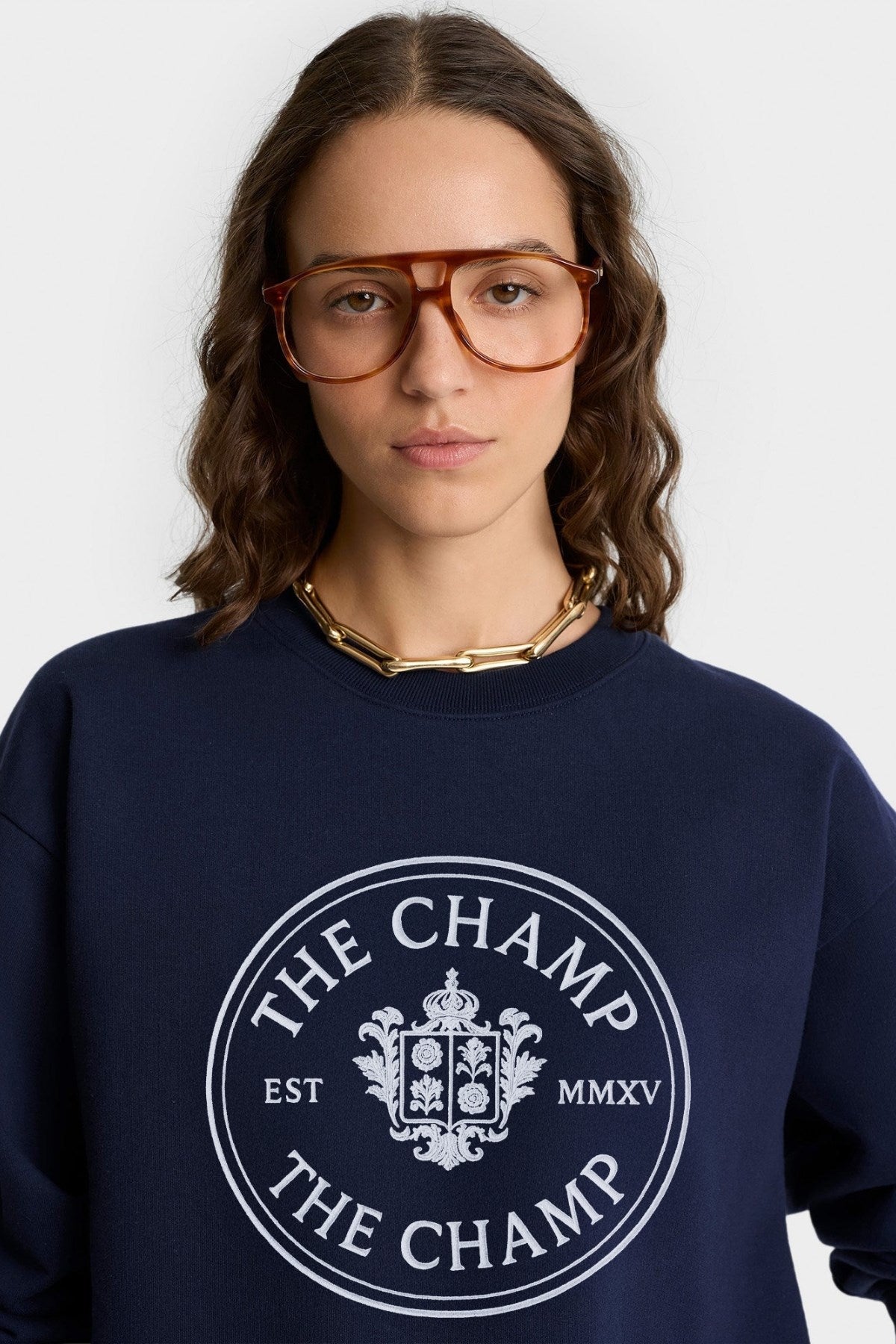 Unisex Lacivert Sweatshirt – The Champ Armalı, Bisiklet Yaka, Modern Kolej ve Şehir Stili