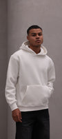 Erkek Oversize Sweatshirt Hoodie CHMP Yazlı Baskılı Beyaz – Kapüşonlu, 3 İplik Polar, Kanguru Cepli