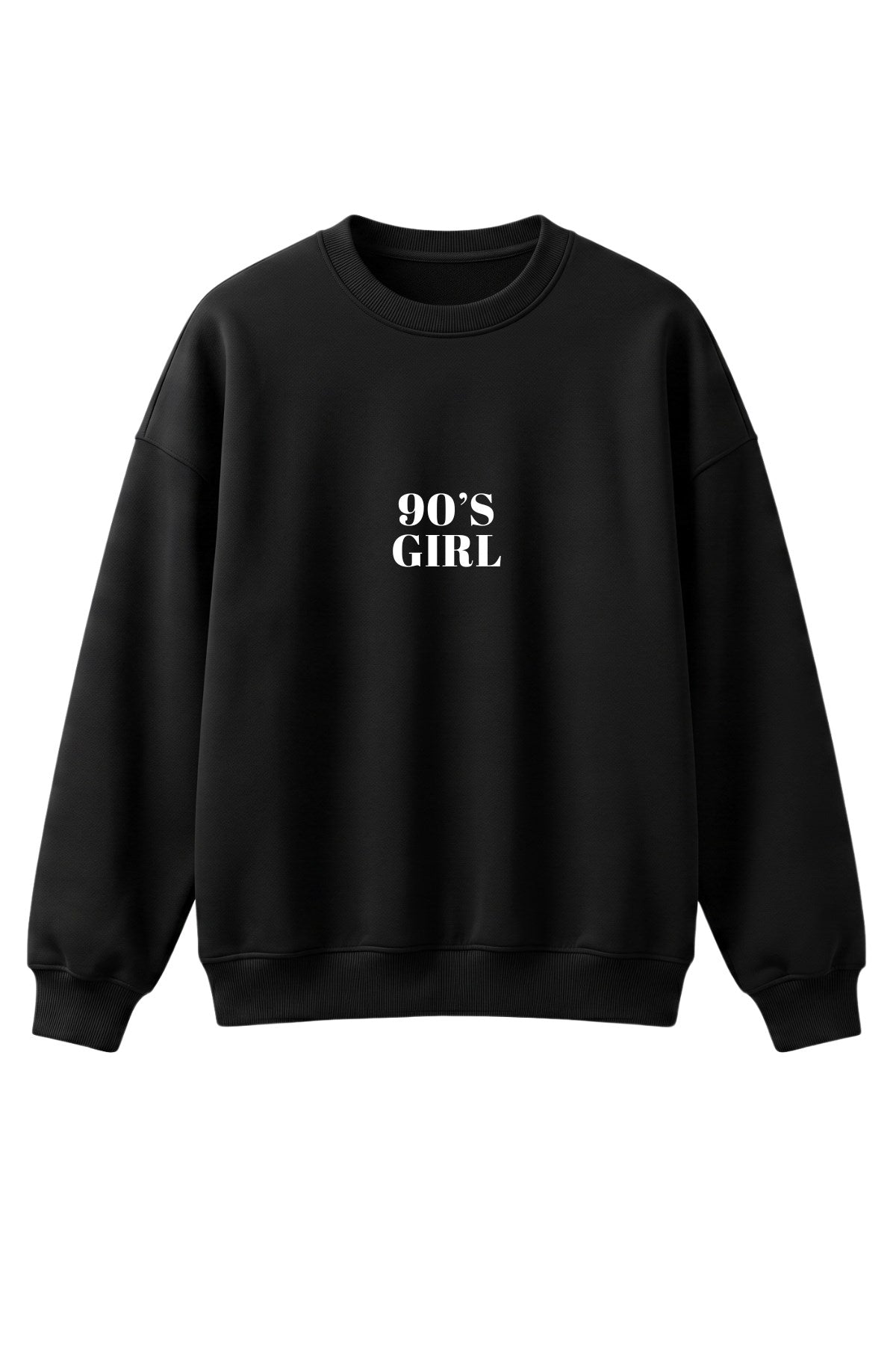 Kadın Oversize Sweatshirt 90’s Girl Baskılı Siyah – Bisiklet Yaka, 3 İplik Şardonlu Polar