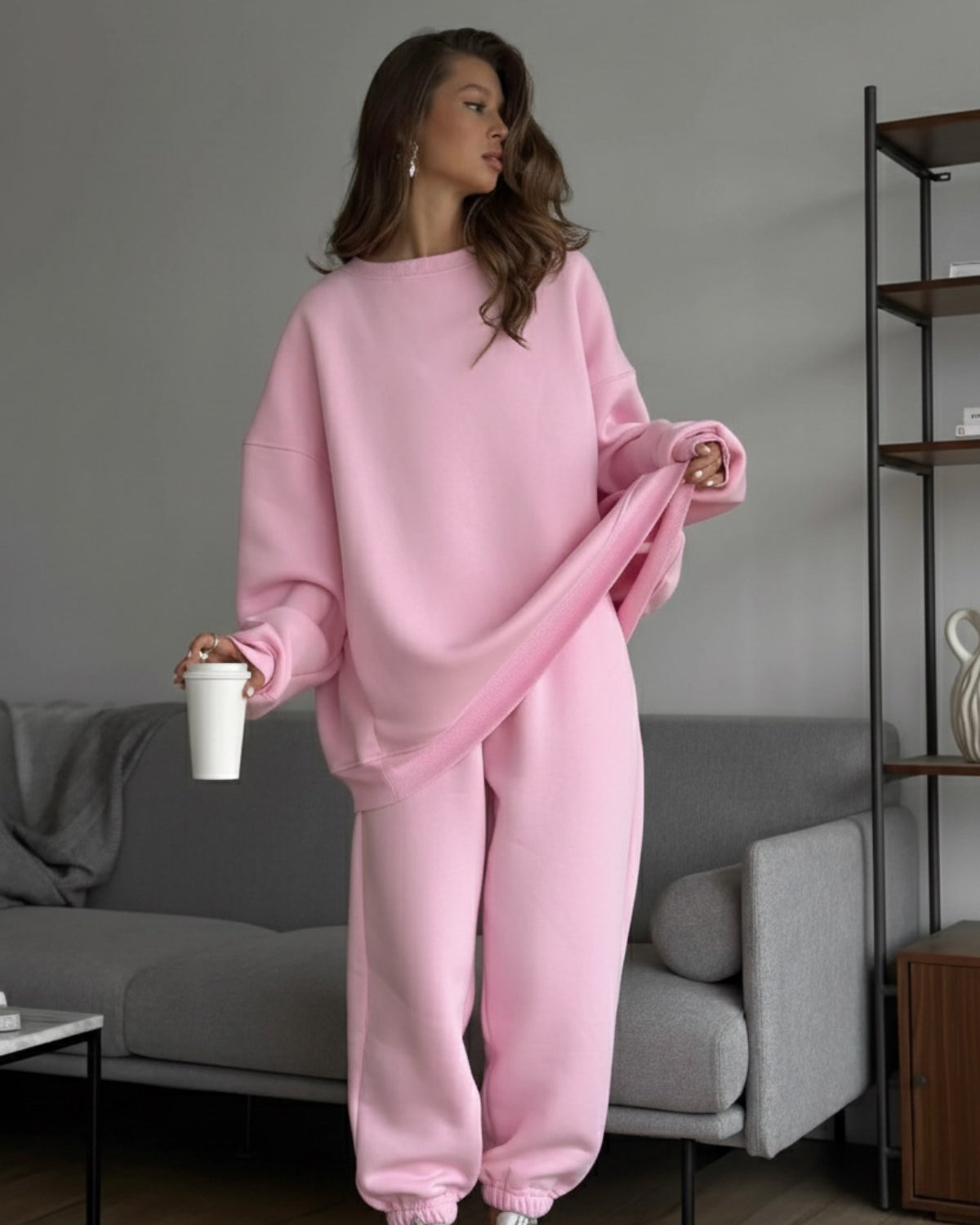 Kadın Oversize Sweat Elbise Eşofman Takımı Basic Pembe – Bisiklet Yaka, Lastikli Paça, 3 İplik Polar