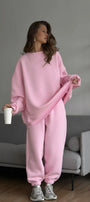 Kadın Oversize Sweat Elbise Eşofman Takımı Basic Pembe – Bisiklet Yaka, Lastikli Paça, 3 İplik Polar