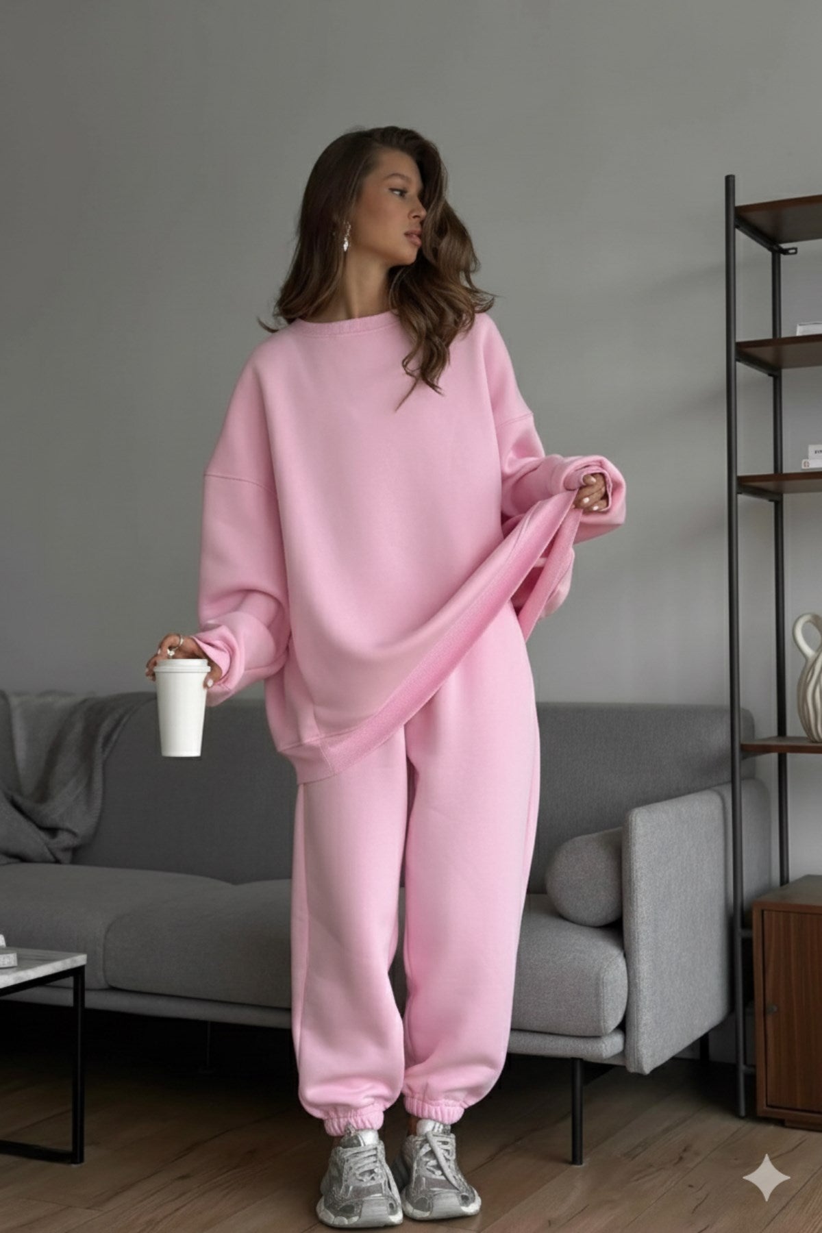 Kadın Oversize Sweat Elbise Eşofman Takımı Basic Pembe – Bisiklet Yaka, Lastikli Paça, 3 İplik Polar