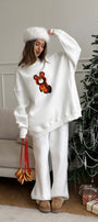 Kadın Oversize Sweatshirt Elbise Misha Mood Baskılı Beyaz – Bisiklet Yaka, 3 İplik Şardonlu Polar