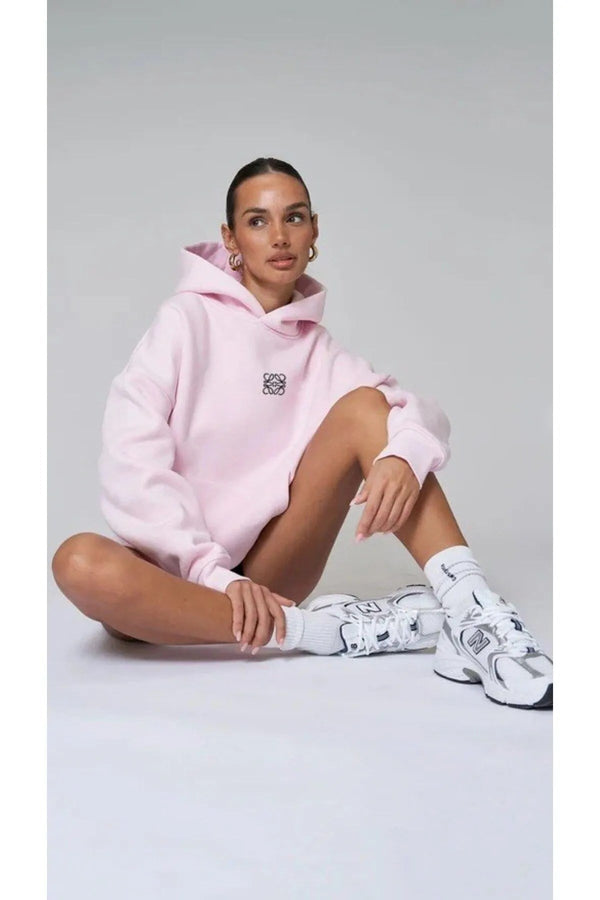 Pembe Unisex Loewe Yüksek Baskılı Kapüşonlu Kanguru Cepli Oversize Hoodie