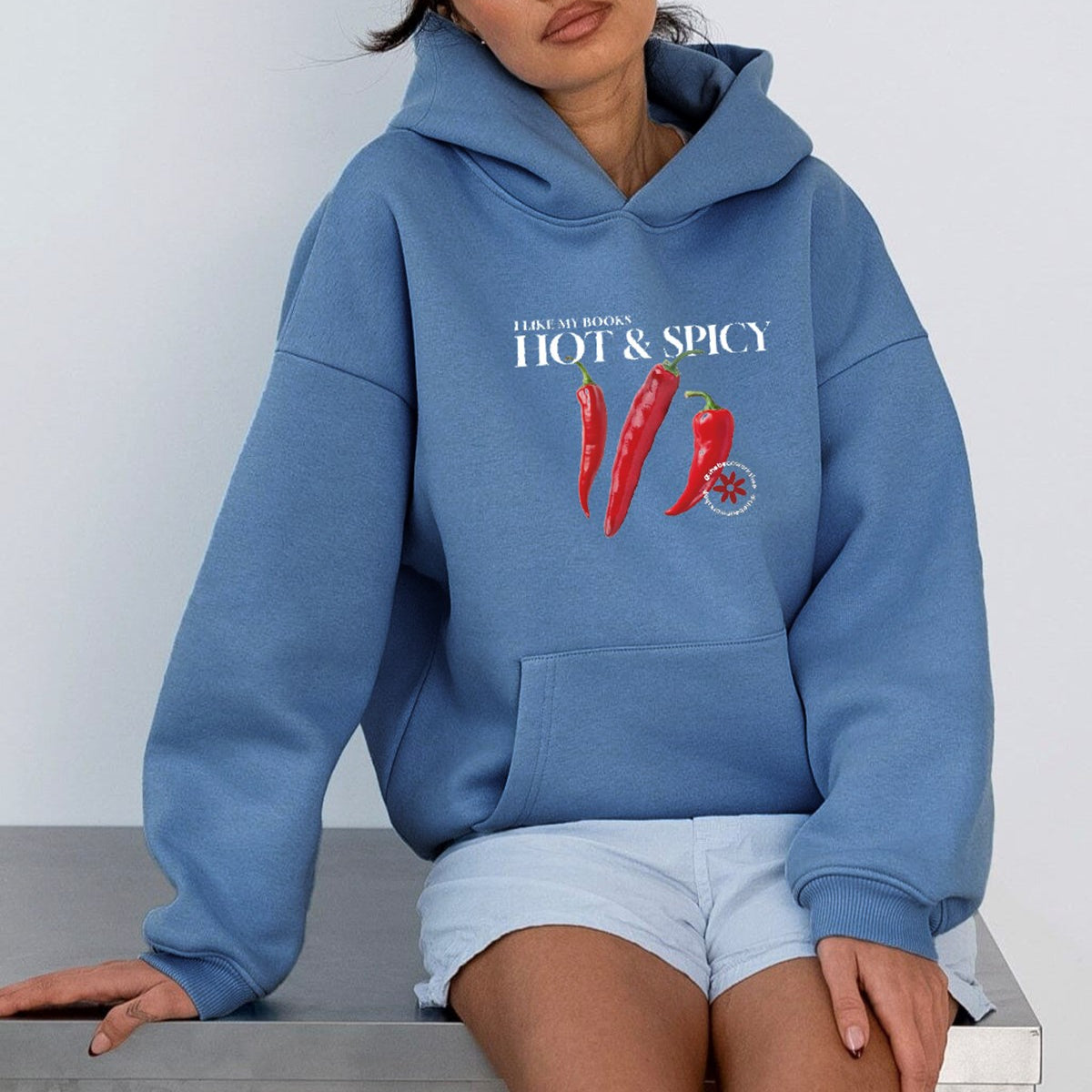 Kadın Oversize Sweatshirt Hoodie Hot & Spicy Baskılı Marine – Kapüşonlu, 3 İplik Şardonlu Polar