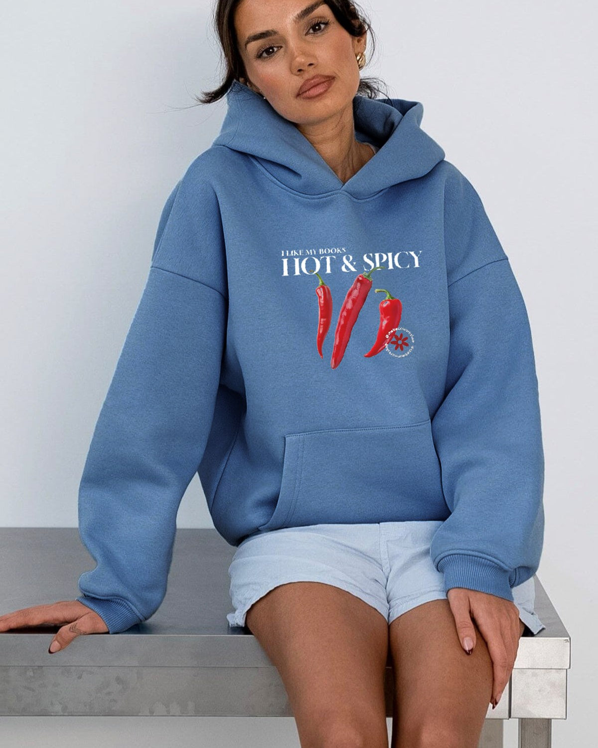 Kadın Oversize Sweatshirt Hoodie Hot & Spicy Baskılı Marine – Kapüşonlu, 3 İplik Şardonlu Polar