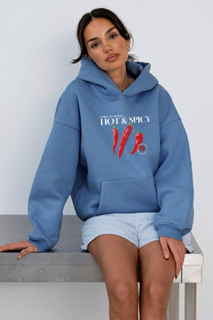Kadın Oversize Sweatshirt Hoodie Hot & Spicy Baskılı Marine – Kapüşonlu, 3 İplik Şardonlu Polar