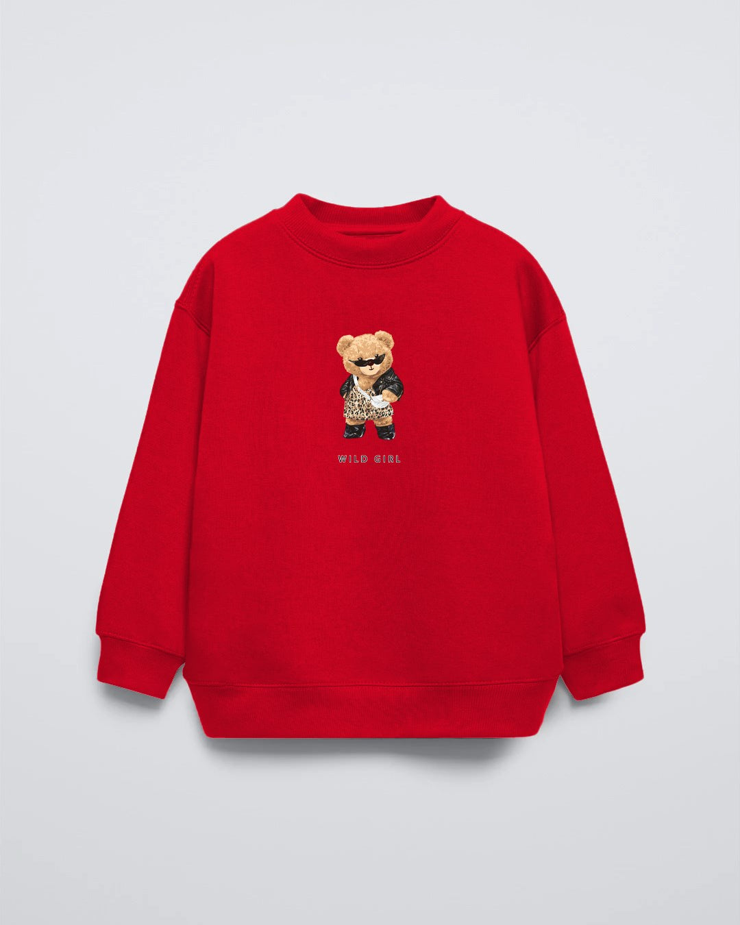 Kırmızı Bisiklet Yaka Leopar Teddy Baskılı Oversize Çocuk Sweatshirt