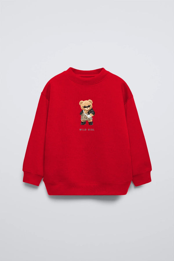 Kırmızı Bisiklet Yaka Leopar Teddy Baskılı Oversize Çocuk Sweatshirt