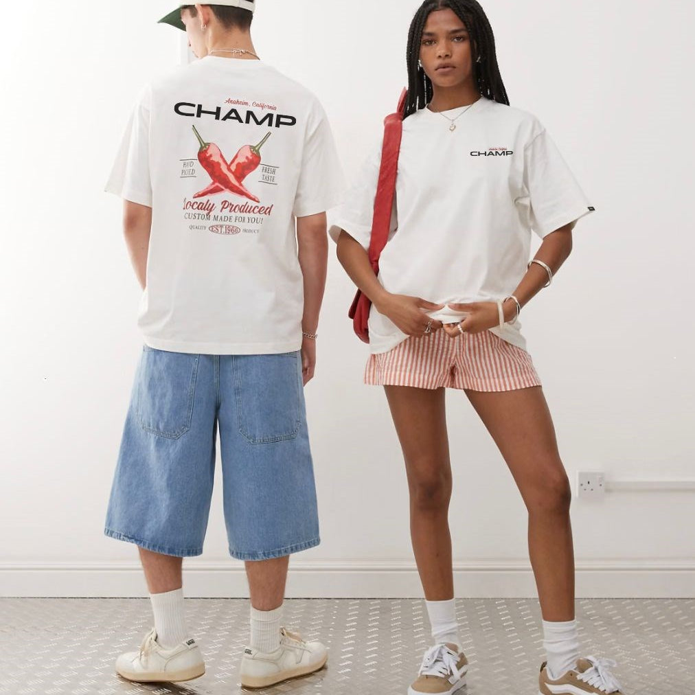  Unisex Beyaz Oversize Champ Yazılı Arkası Biber Baskılı Tişört