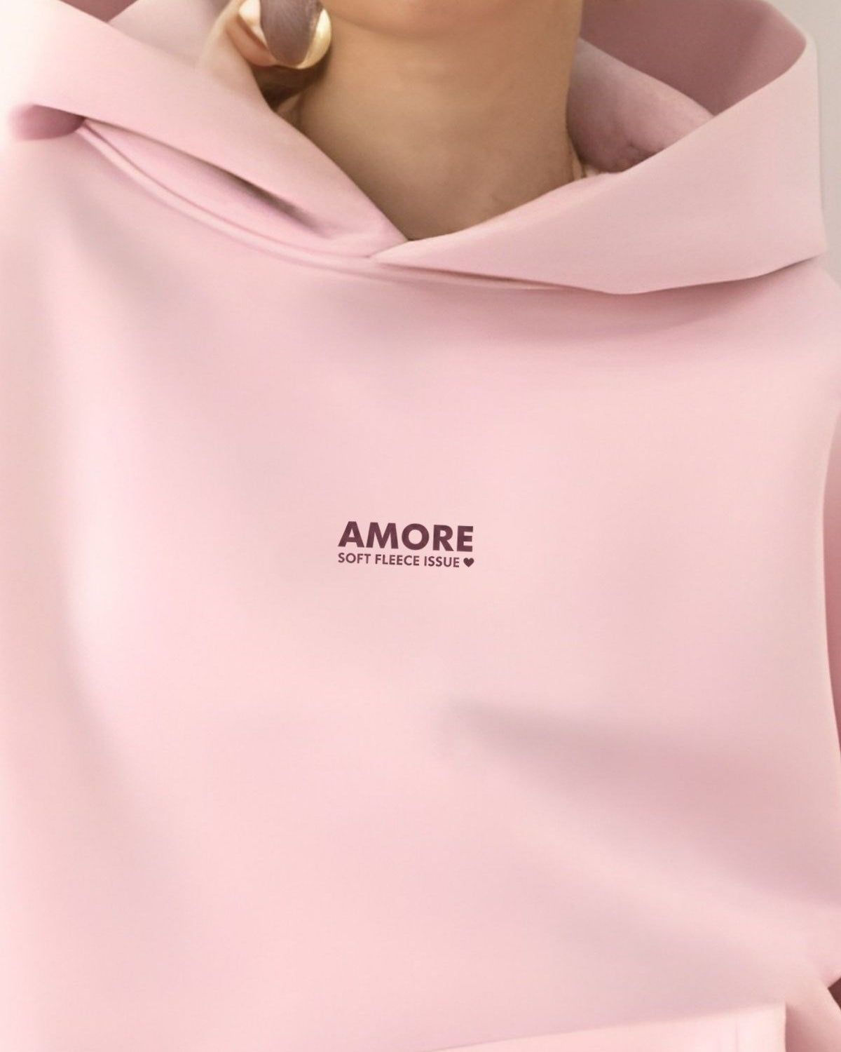 Kadın Oversize Sweatshirt Hoodie AMORE Pembe – Kapüşonlu, 3 İplik Polar, Kanguru Cepli