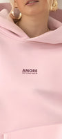 Kadın Oversize Sweatshirt Hoodie AMORE Pembe – Kapüşonlu, 3 İplik Polar, Kanguru Cepli
