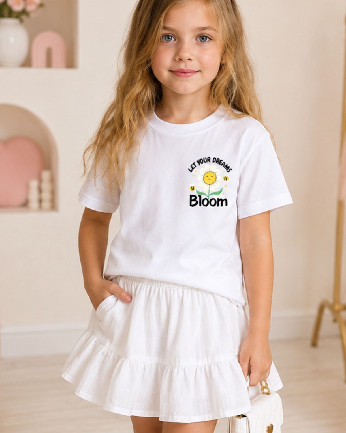 Kız Çocuk Tişört Let Your Dreams Bloom Baskılı Beyaz – Bisiklet Yaka, Rahat Kalıp, %100 Pamuk