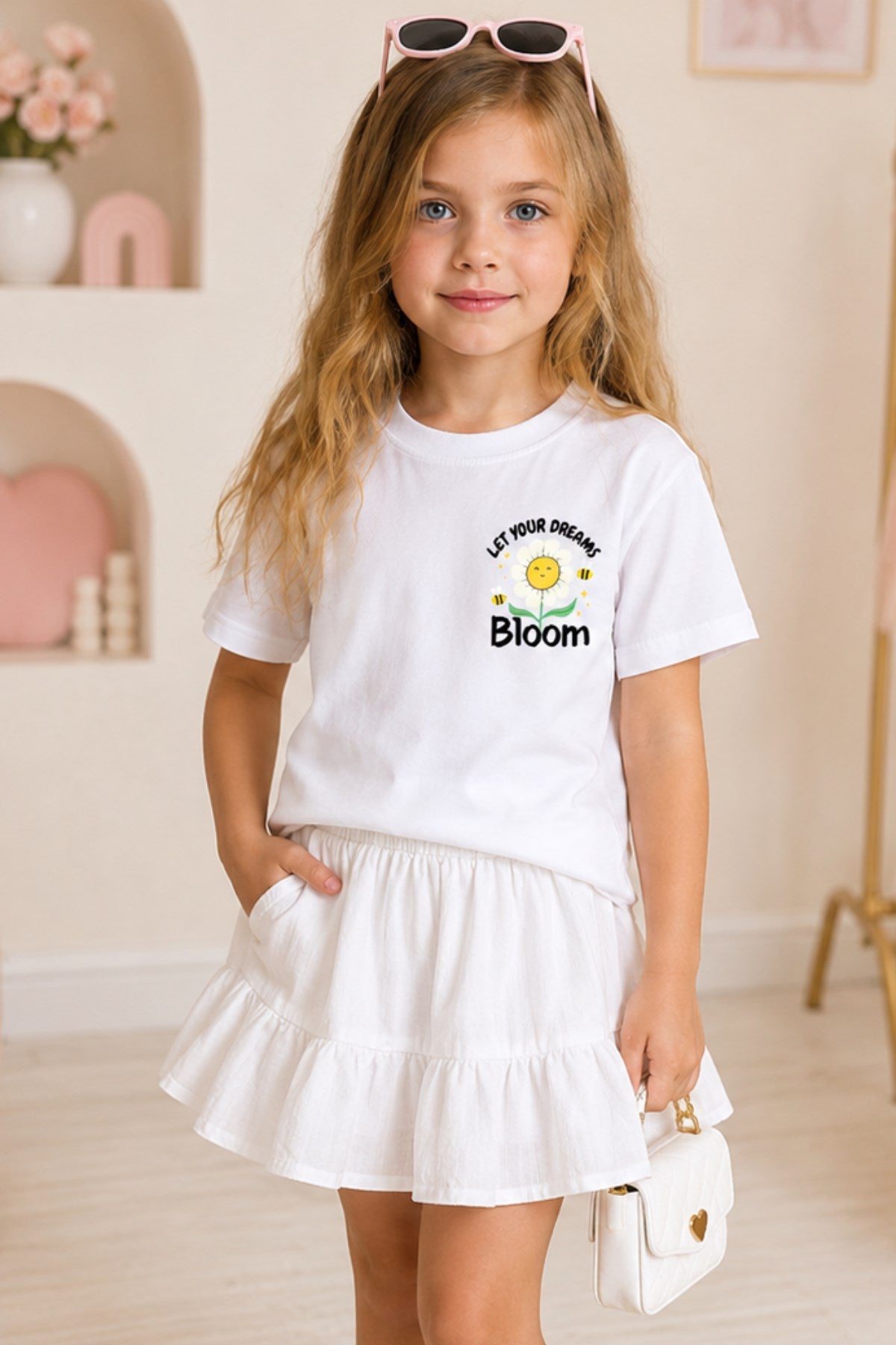 Kız Çocuk Tişört Let Your Dreams Bloom Baskılı Beyaz – Bisiklet Yaka, Rahat Kalıp, %100 Pamuk